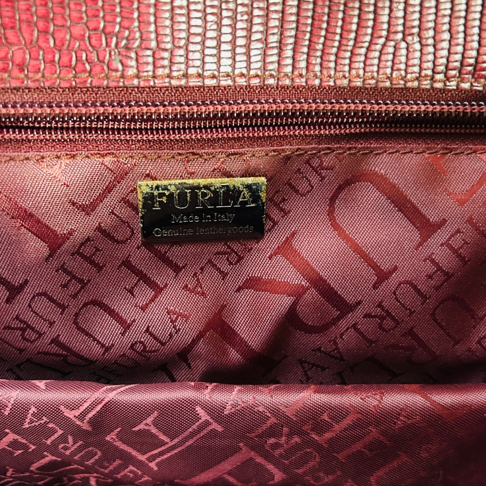 Furla Shoulder Bag Medium Burgundy Lizard Embossed Leather Buckle Flap - Picture 9 of 14